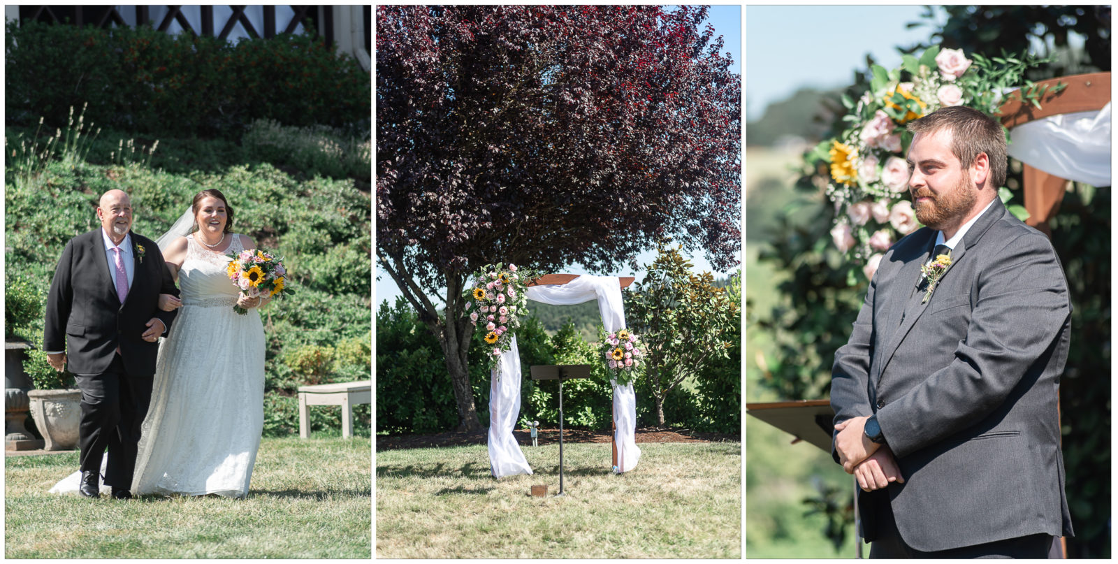 Ceremony details and first kiss for Classic Summer Vineyard Wedding at Zenith Vineyards in Salem, Oregon