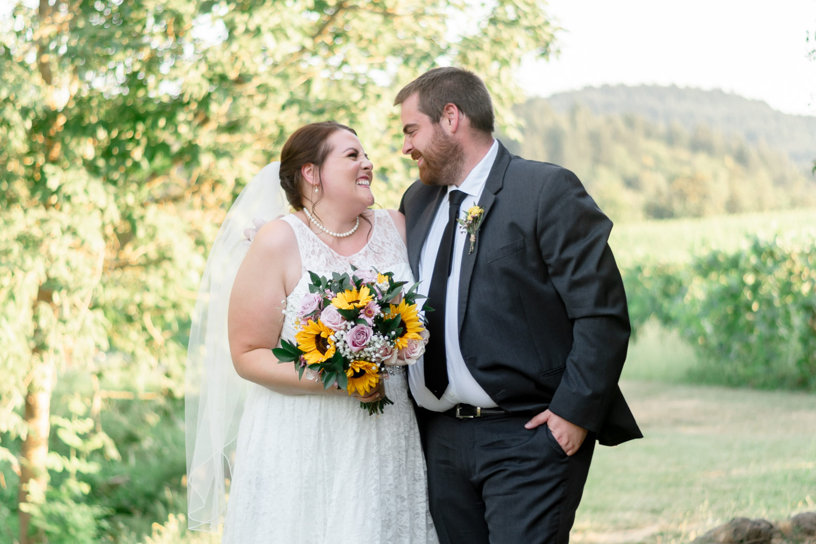 Romantic Summer Wedding Bride and Groom Golden Hour Sunset Portraits for Zenith Vineyard Wedding in Salem, Oregon